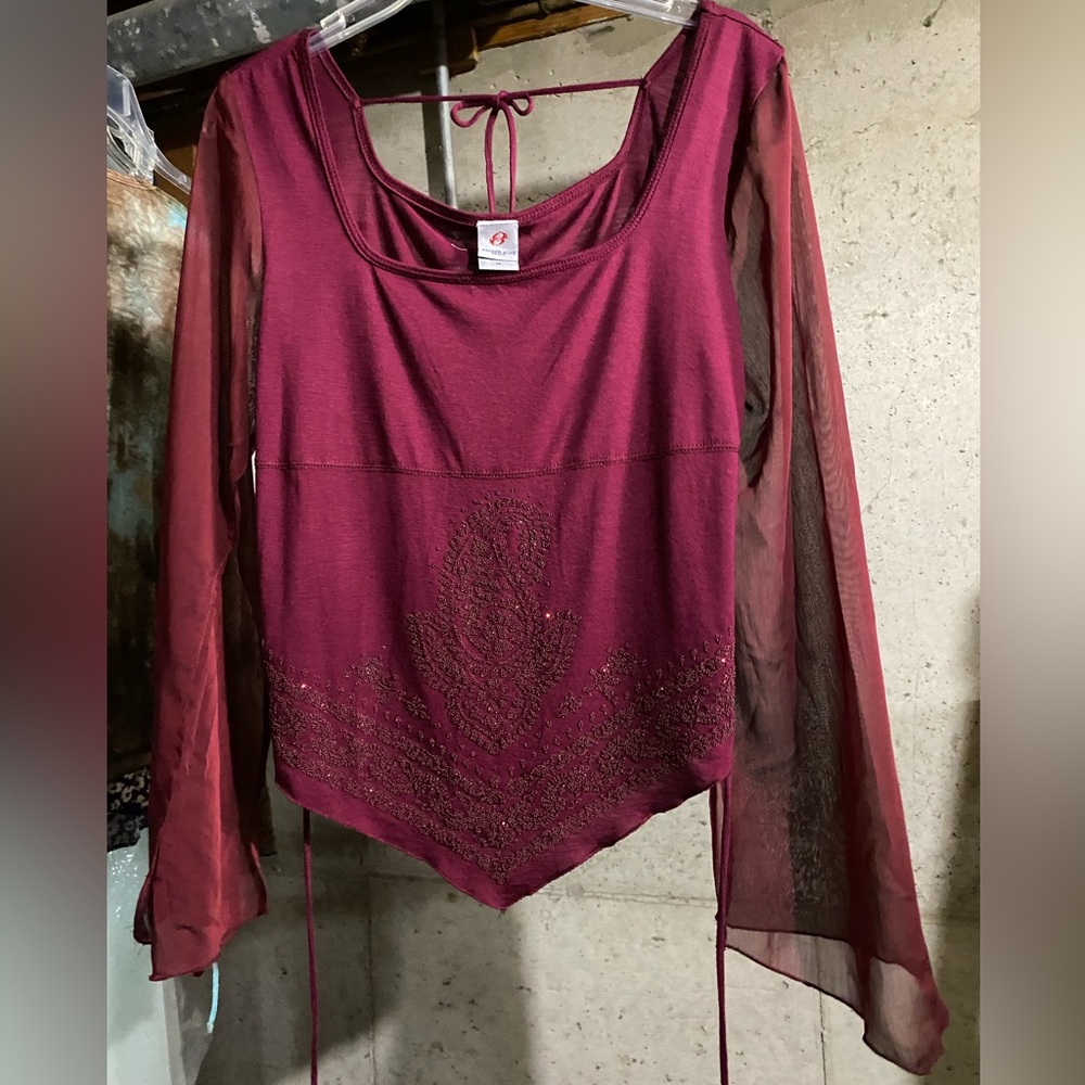 Elegant Burgundy Sheer Sleeve Vintage Top